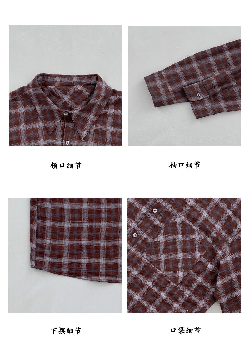 【cimz02025】 復古質感・純棉復古格紋抓皺肌理長袖襯衫260924