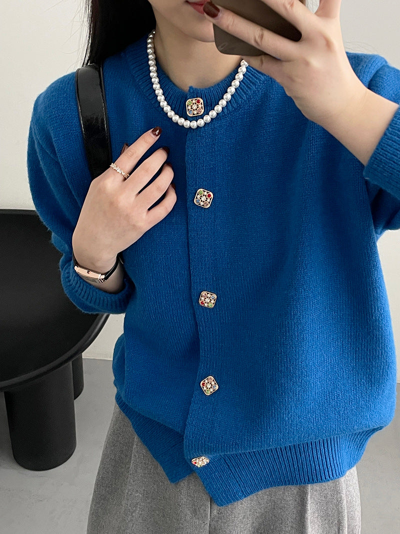 【cimMB558】實拍韓國高級復古彩鑽紐扣針織開衫240103