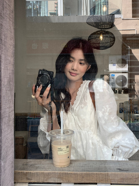 【L10108】實拍檸檬家法式少女感仙氣🌸重工V領刺繡設計泡泡袖白色襯衫260330