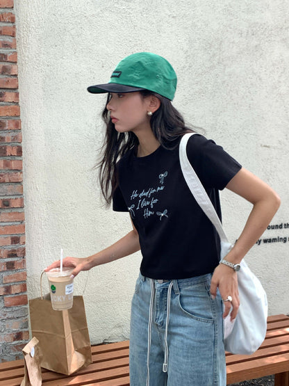 【H5161】實拍夏天甜美優雅蝴蝶結珍珠印花t恤250407