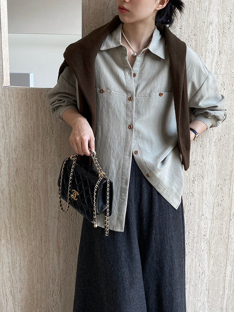 【cim6112】實拍韓國法式氣質天絲亞麻長袖襯衫251030