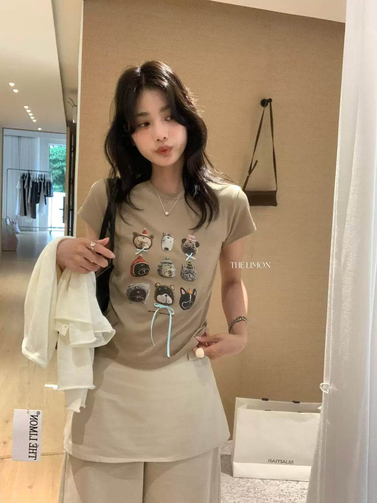 【L10373】實拍檸檬家可愛🐶蝴蝶結小狗印花修身正肩短袖T恤260330