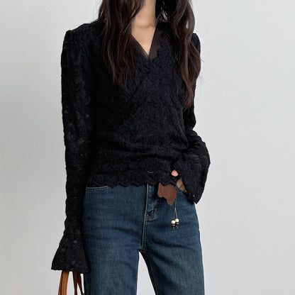 【LD3295】實拍法式喇叭袖加絨蕾絲衫251103