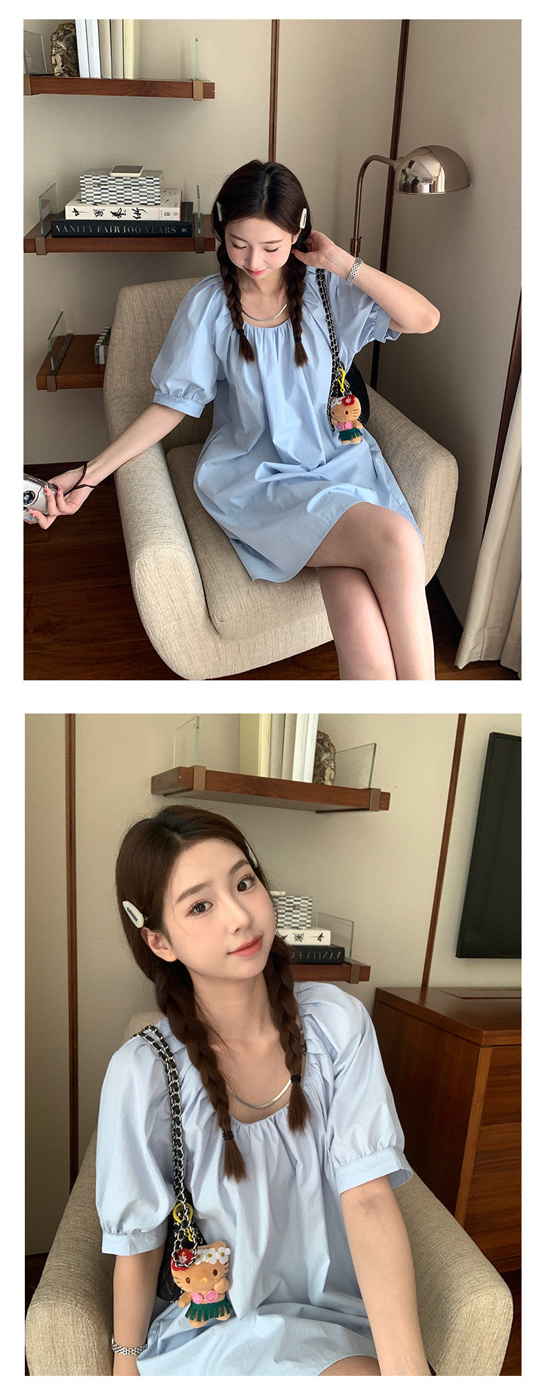 【H6014】實拍韓國泡泡袖方領簡約洋裝230714