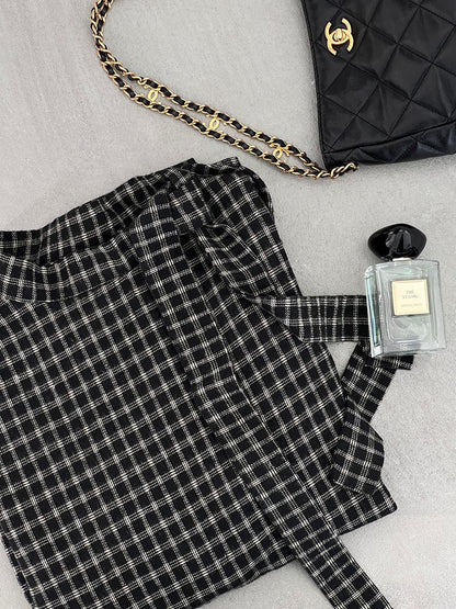 【cim1695】實拍法式磨毛領結氣質格子襯衫251030