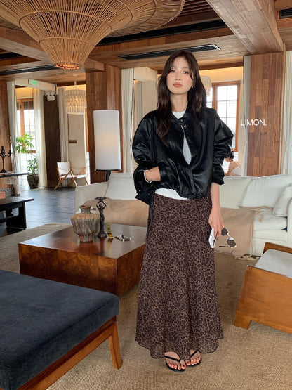 【L11182】檸檬家復古浪漫・豹紋顯瘦休閒魚尾雪紡裙260909