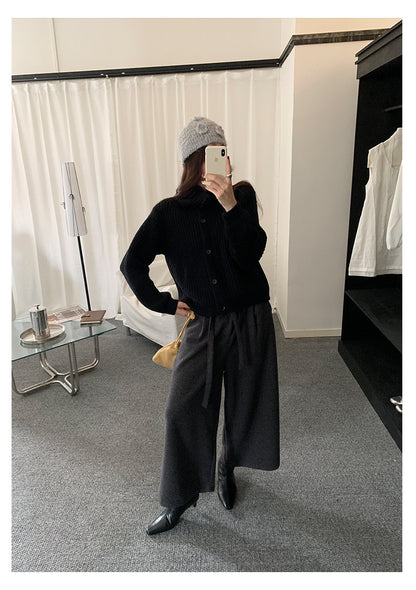 【H5491】實拍秋冬毛呢鬆緊腰加厚闊腿休閒褲251109