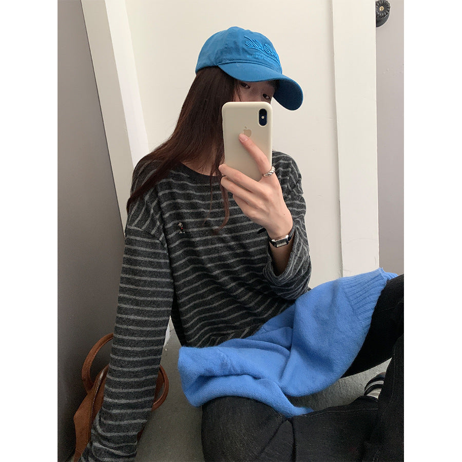 【H572】實拍復古磨毛刺繡條紋圓領T恤251021