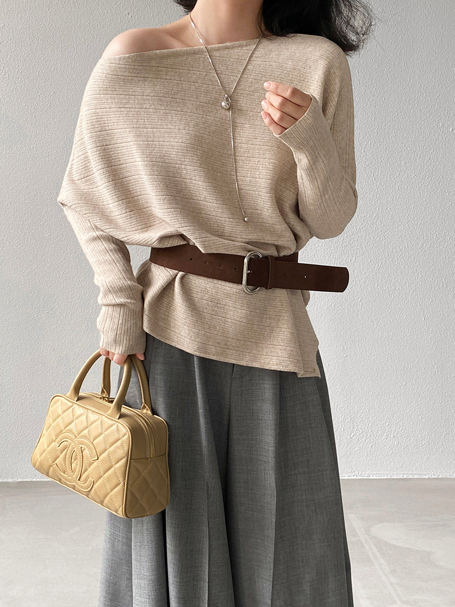 【cim9033】實拍韓系高級感長袖斜肩針織衫＋腰帶251030