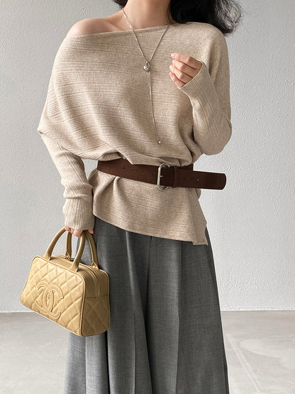 【cim9033】實拍韓系高級感長袖斜肩針織衫＋腰帶251030