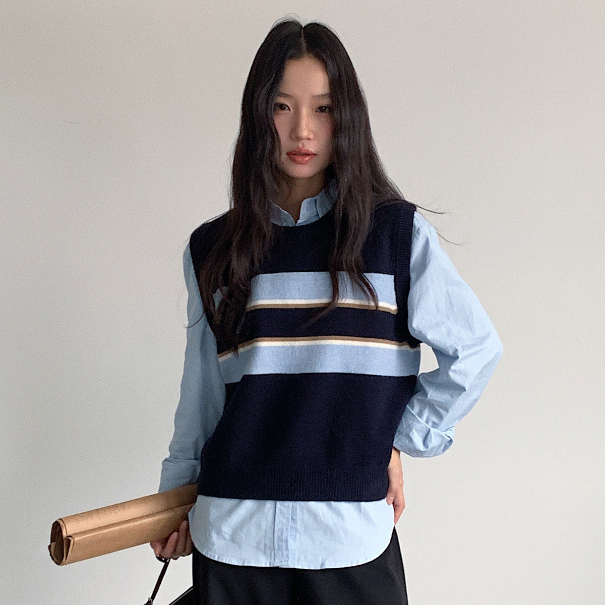 【LD11014】實拍學院感條紋圓領針織毛衣251110