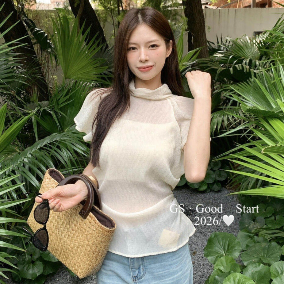 【L123W】法式溫柔氣質🌸設計感飛飛袖收腰立領短袖上衣260518