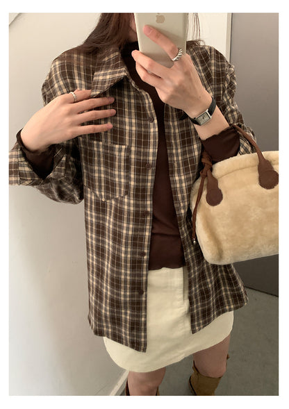 【H570】實拍復古寬鬆毛呢格子襯衫外套251021
