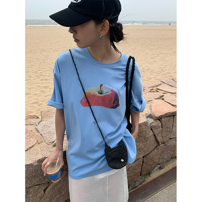 【H5285】實拍夏天韓國蘋果印花大版短袖寬鬆T恤250603