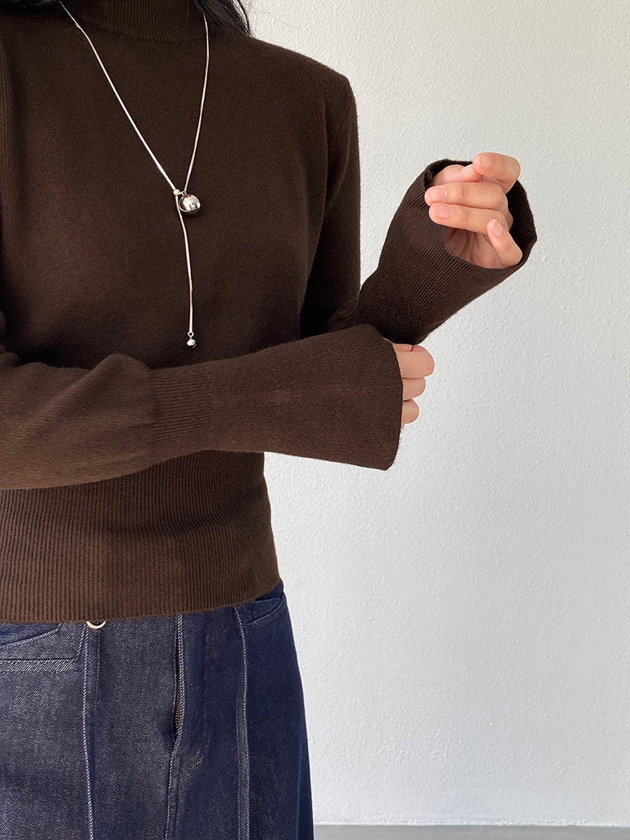 【cimz3012】實拍韓系氣質半高領喇叭袖收腰針織衫251201