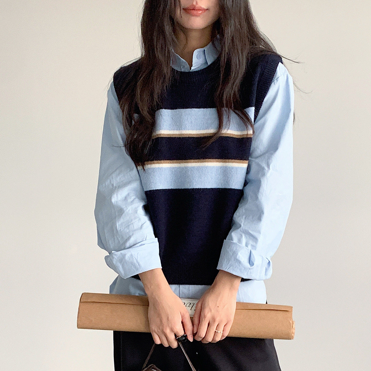 【LD11014】實拍學院感條紋圓領針織毛衣251110