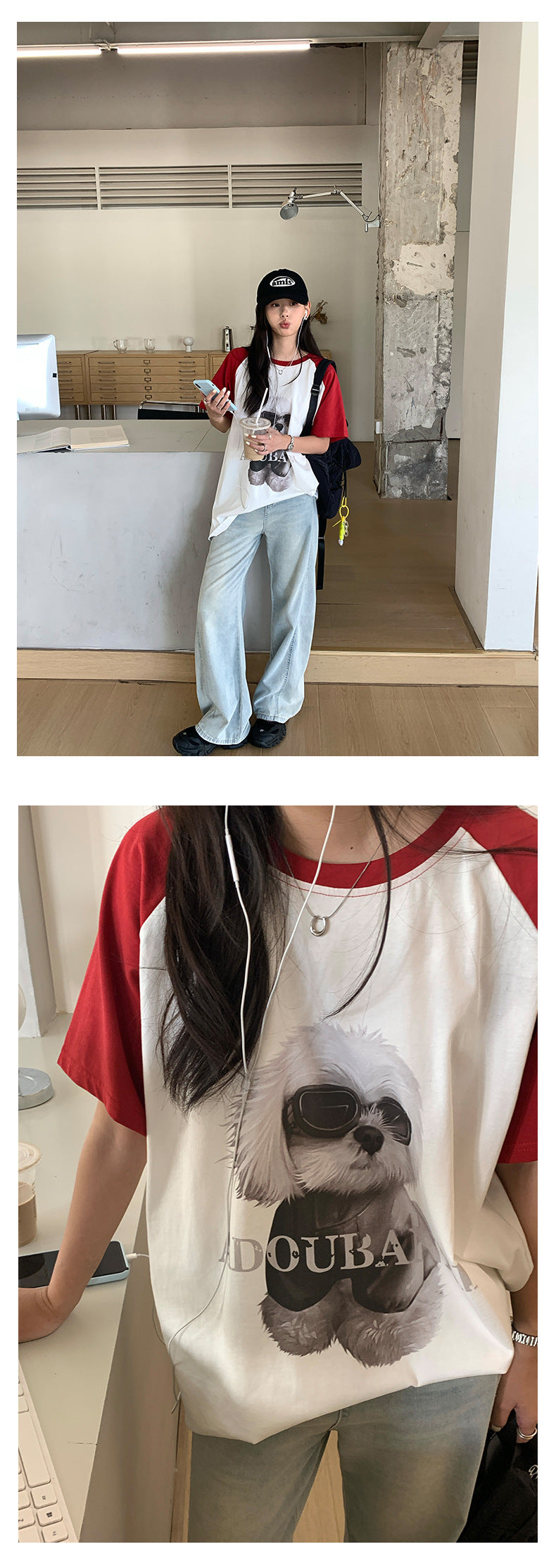 【H5365】實拍夏天韓版墨鏡小狗寬鬆長版棉質T恤250708