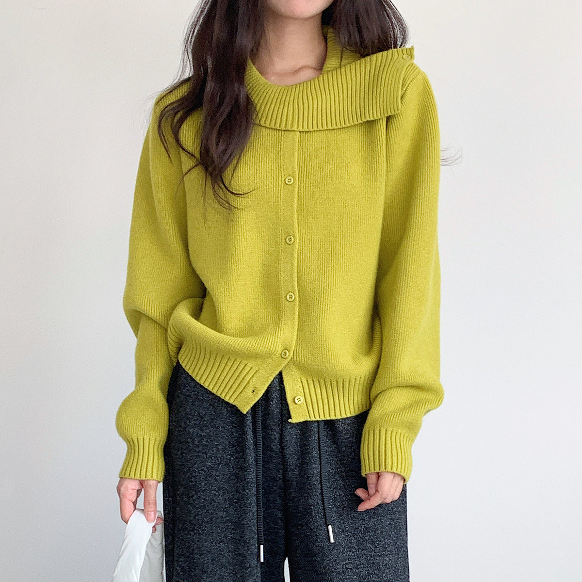 【LD11002】實拍秋冬法式設計感斜領針織毛衣外套251110