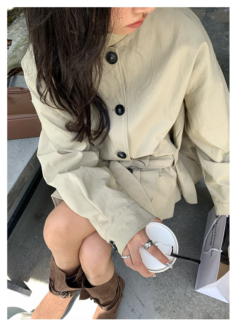 【H5400】實拍韓系慵懶卡其立領收腰風衣外套250902