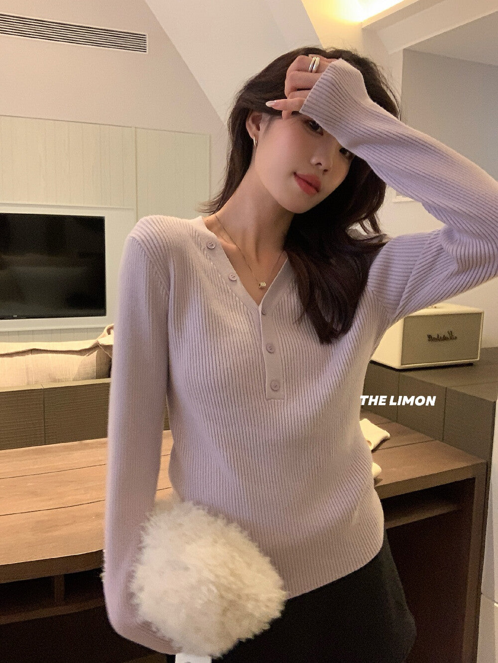 【L99909】檸檬秋冬超修身V領纽扣長袖針織衫251117