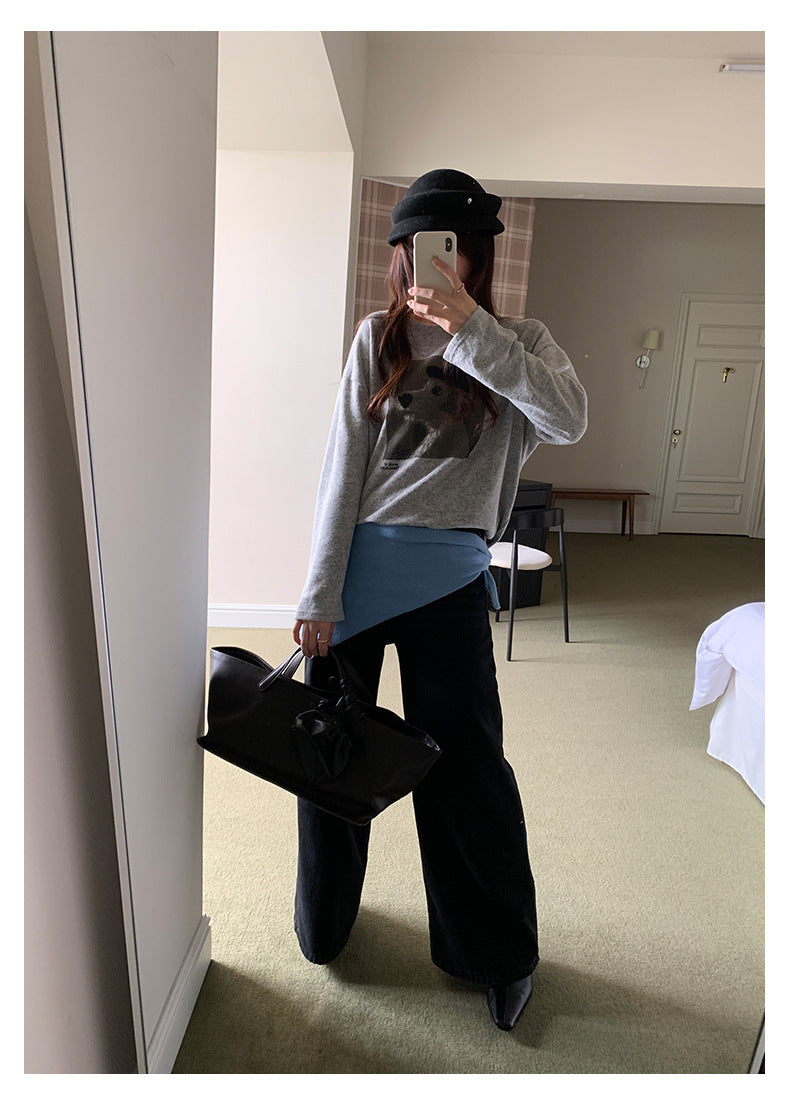 【H5499】實拍 復古磨毛狗狗印花長袖T恤251118