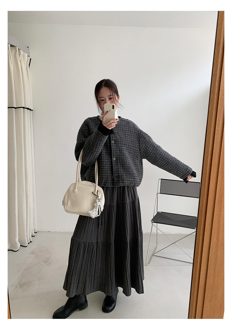 【H5476】實拍秋冬質感簡約細摺鬆緊腰a字傘裙251109