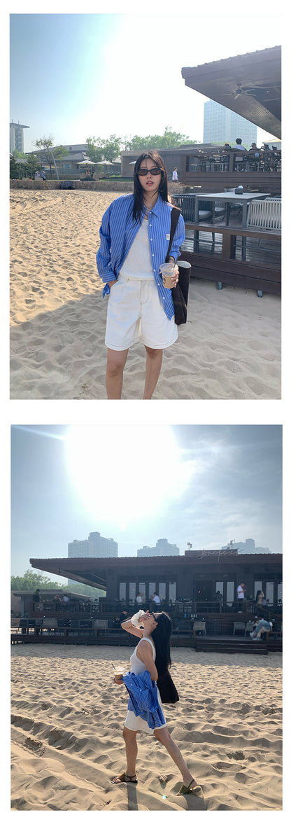 【H5281】實拍韓系夏天百搭條紋防曬襯衫250603