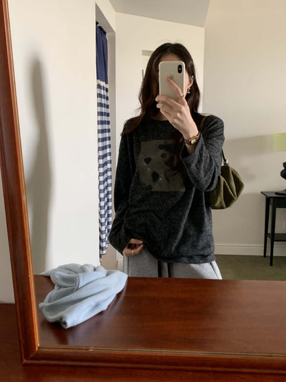 【H5499】實拍 復古磨毛狗狗印花長袖T恤251118