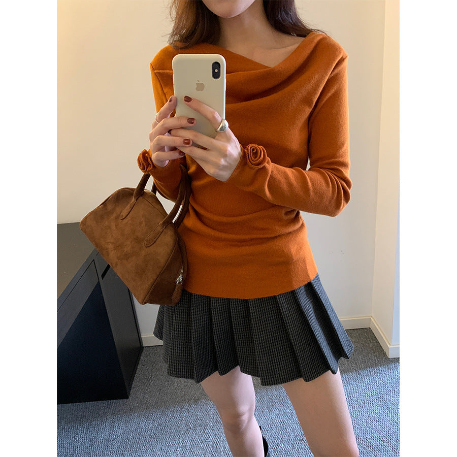 【H5487】實拍秋冬褶皺露肩針織衫251109