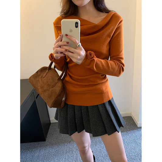 【H5487】實拍秋冬褶皺露肩針織衫251109