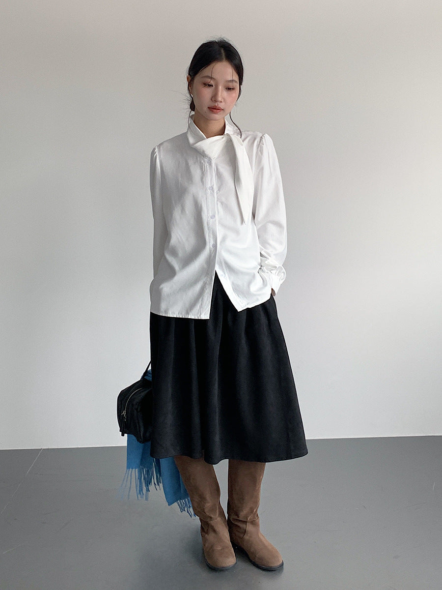 【LD3194】實拍秋冬個性立領飄帶襯衫251110