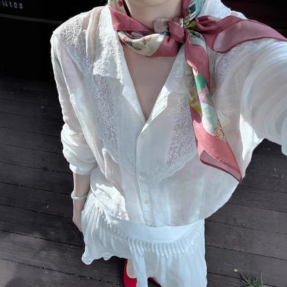 【LR90655】實拍imiss氣質百搭！法式刺繡花朵翻領長袖襯衫260305
