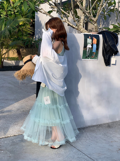 【L10316】實拍檸檬春夏溫柔仙女系🕊️浪漫層次網紗拼接高腰A字長裙260318