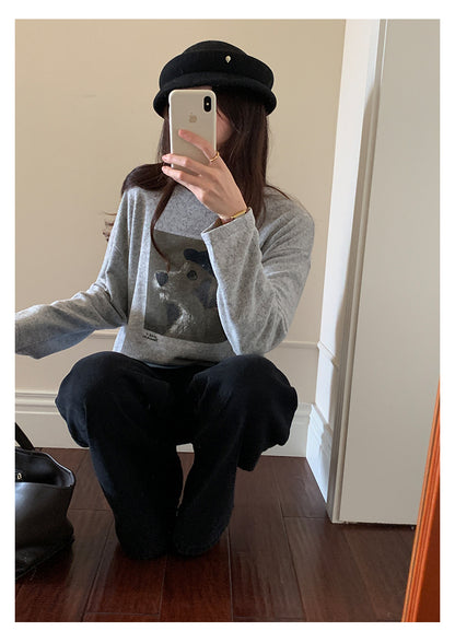 【H5499】實拍 復古磨毛狗狗印花長袖T恤251118