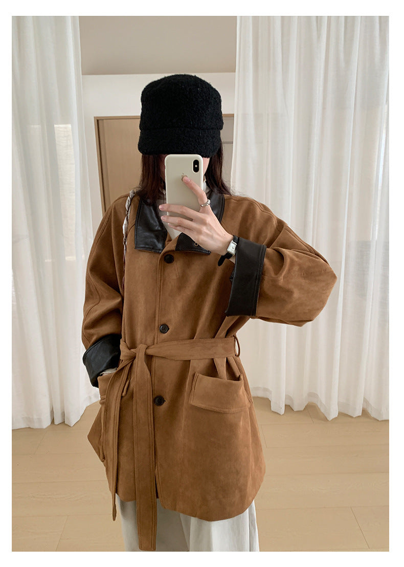 【H569】實拍復古個性皮革拼麂皮絨大衣外套＋麂皮肩背包251021