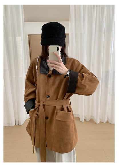 【H569】實拍復古個性皮革拼麂皮絨大衣外套＋麂皮肩背包251021