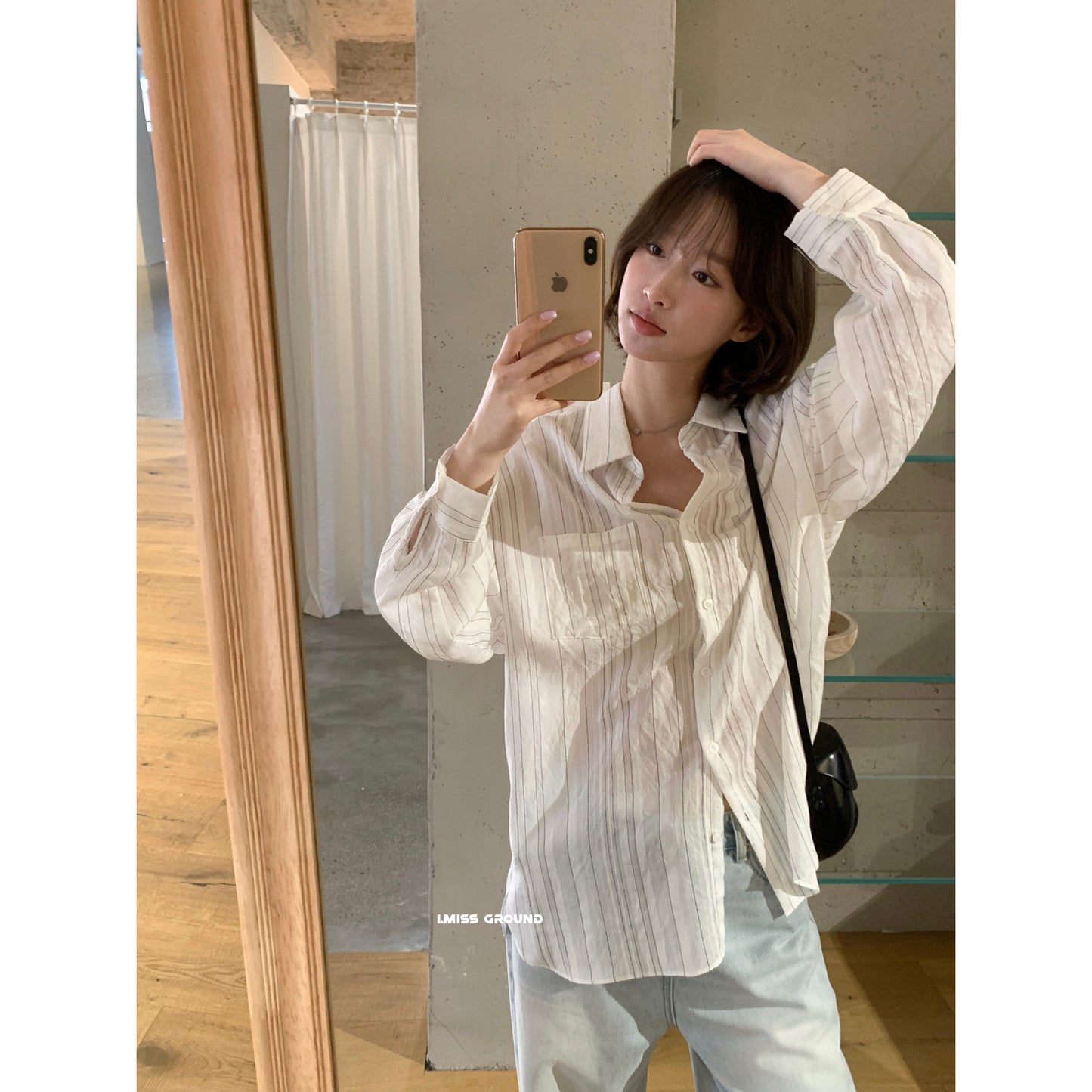 【LR90575】IMISS 極簡時髦美學☕復古條紋口袋顯瘦翻領長袖襯衫260323