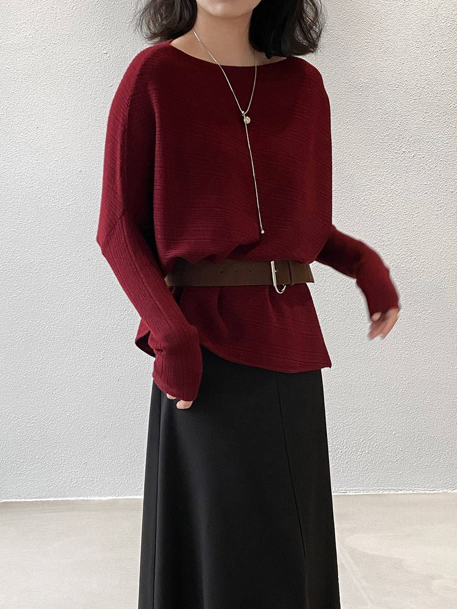 【cim9033】實拍韓系高級感長袖斜肩針織衫＋腰帶251030
