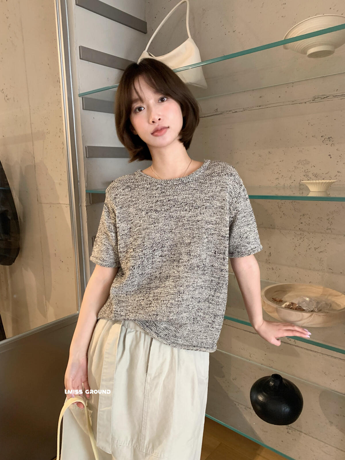 【LR991371】實拍imiss高級感氣質！高級感混雜色圓領短袖針織衫260305