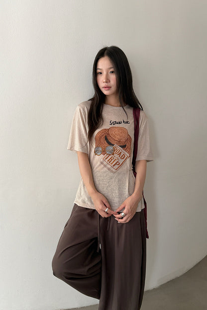 【LD11375】美式復古休閒風😎帽子印花寬鬆短袖天絲T恤+圍脖兩件套260707