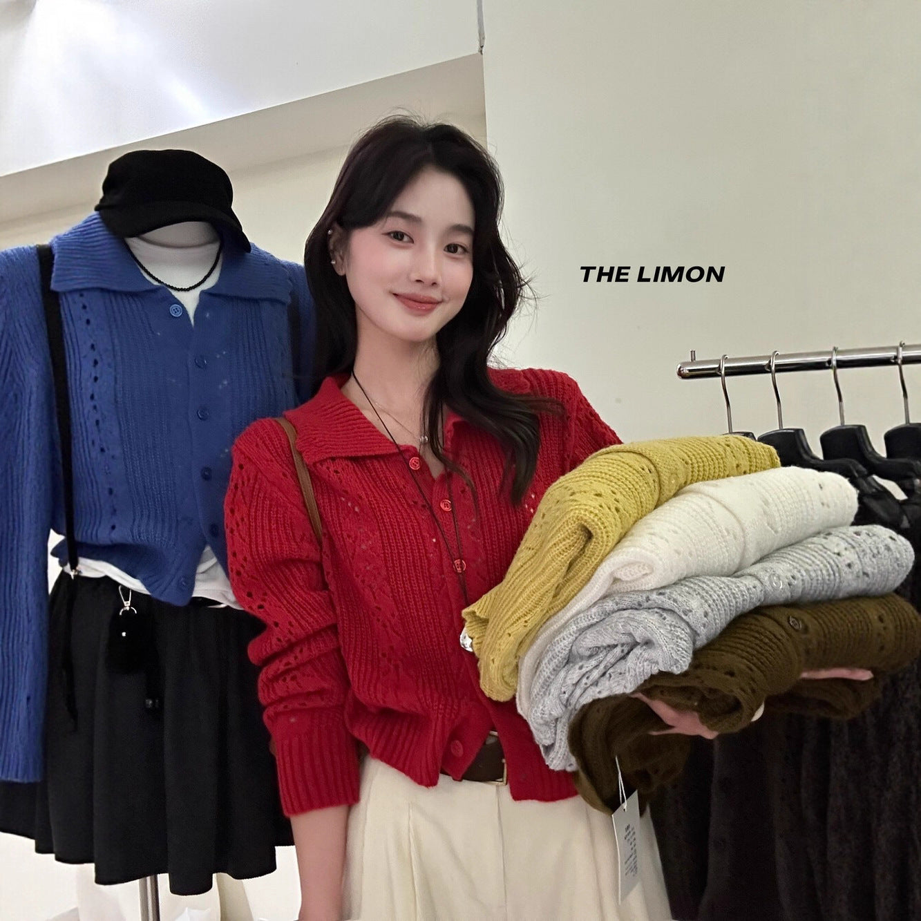 【LSC1072】檸檬簍空polo領針織開衫251117