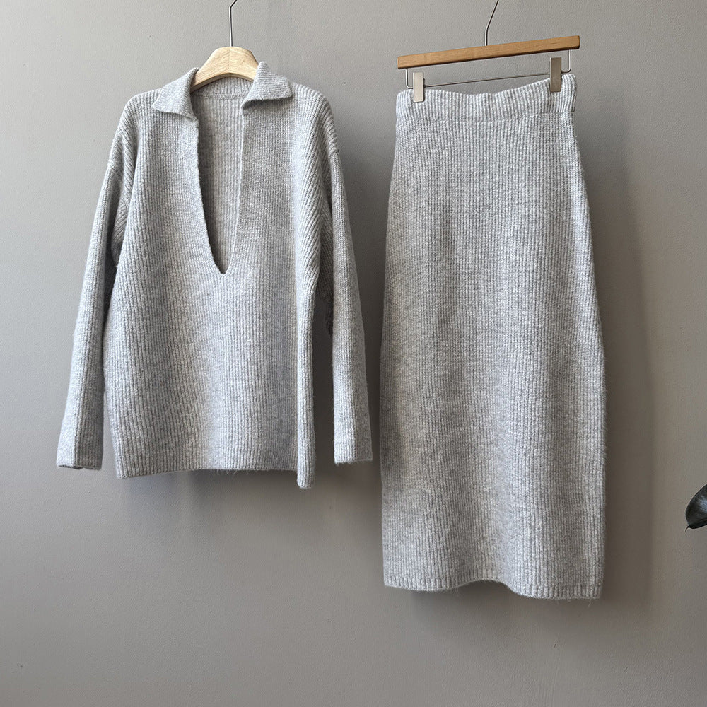 【YP680】 實拍深V慵懶毛衣＋針織長裙(含羊6%) 套裝251023