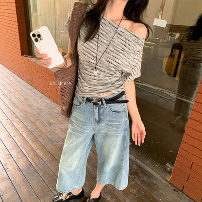 【LD2809】美式復古街頭風😎水洗百搭寬鬆顯瘦七分牛仔寬褲(附皮帶)260610