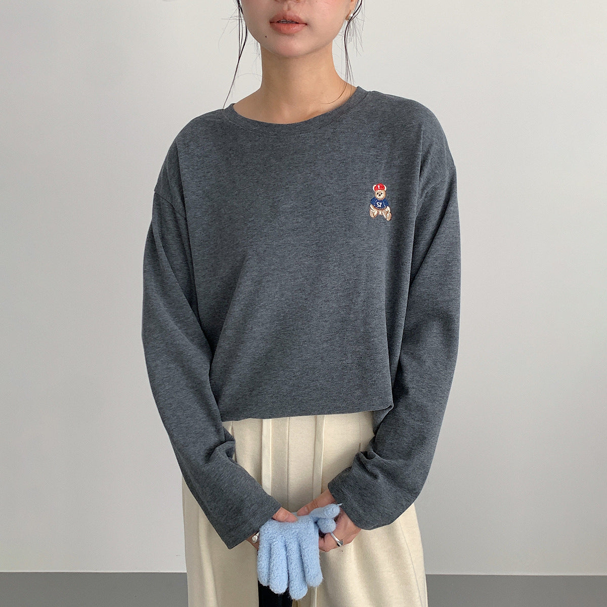 【LD11025】實拍舒適小熊刺繡寬鬆長袖T恤251124