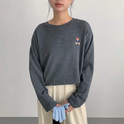 【LD11025】實拍舒適小熊刺繡寬鬆長袖T恤251124