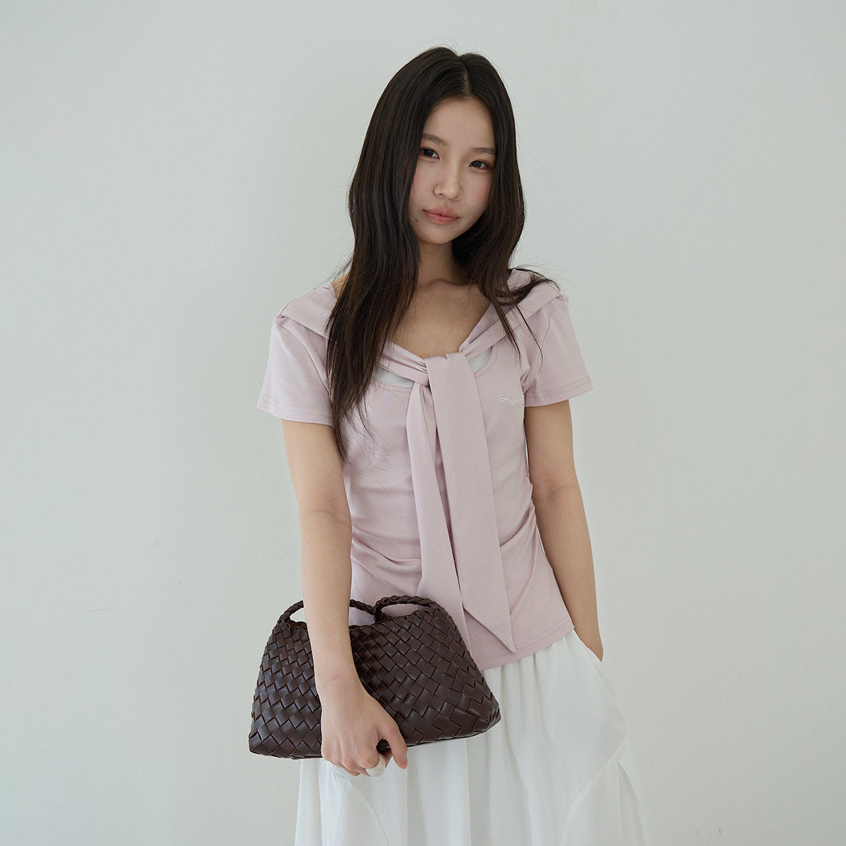 【LD11174】實拍設計感韓系絕美粉色帶披肩/綁帶假兩件短袖T恤260317