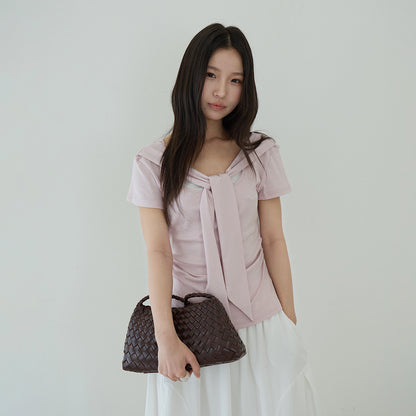 【LD11174】實拍設計感韓系絕美粉色帶披肩/綁帶假兩件短袖T恤260317