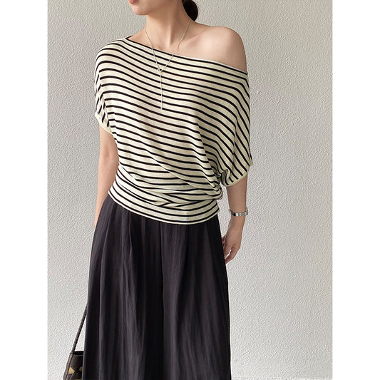 【cimzF672】韓系慵懶微性感✨一字領蝙蝠袖寬鬆條紋短袖針織衫260416