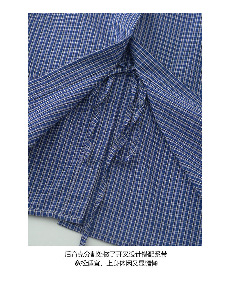 【H5401】實拍後背開叉藍色格子長袖襯衫250902