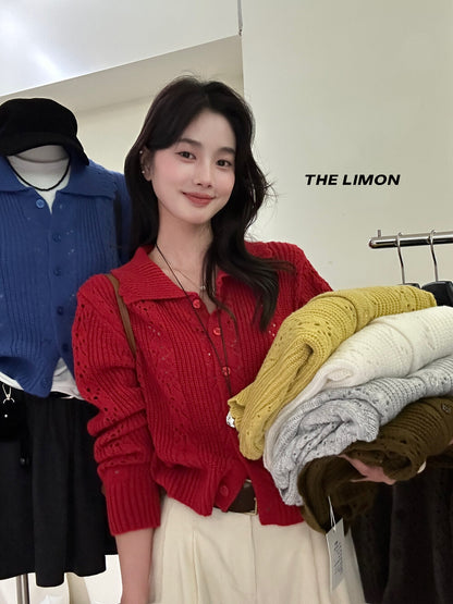 【LSC1072】檸檬簍空polo領針織開衫251117